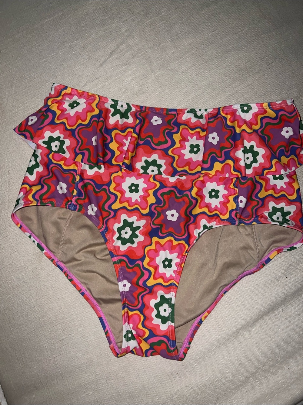 Kortni Jeane High-Waist Floral Retro Print Bottoms with Ruffle  - Pink & Purple